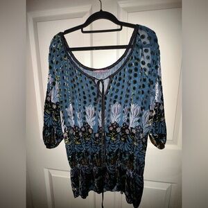 Hale Bob burnout velvet Blue and Black Floral cutout cold shoulder Blouse S